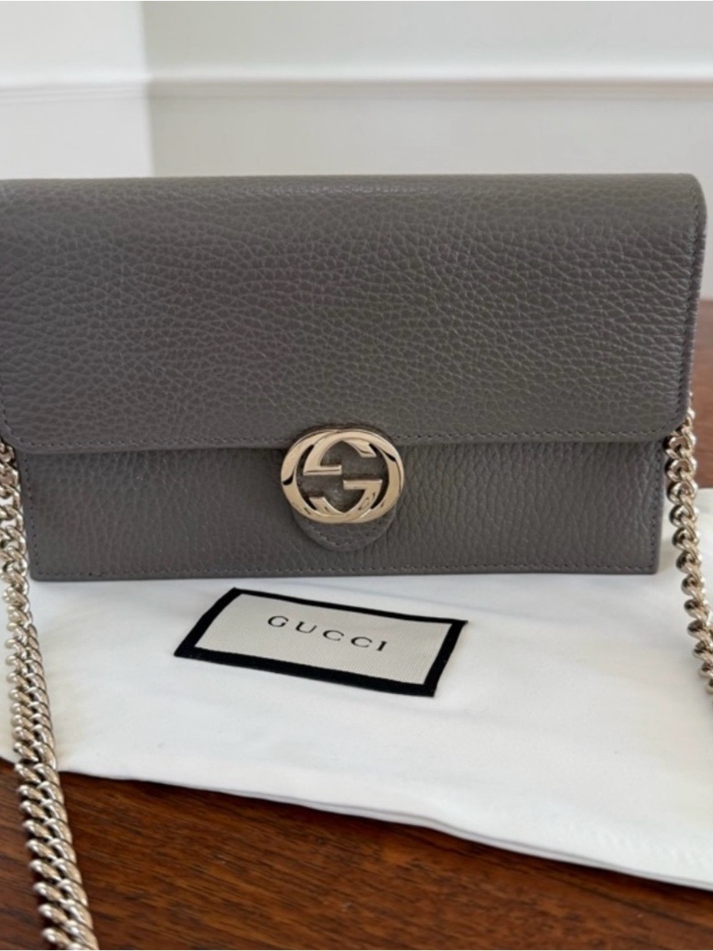Gucci Gray Pebbled Leather Chain Crossbody